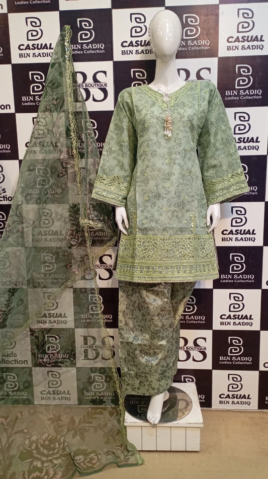 Elegant Green Embroidered 3-Piece Dress for Women – Party and Casual Wear Outfit