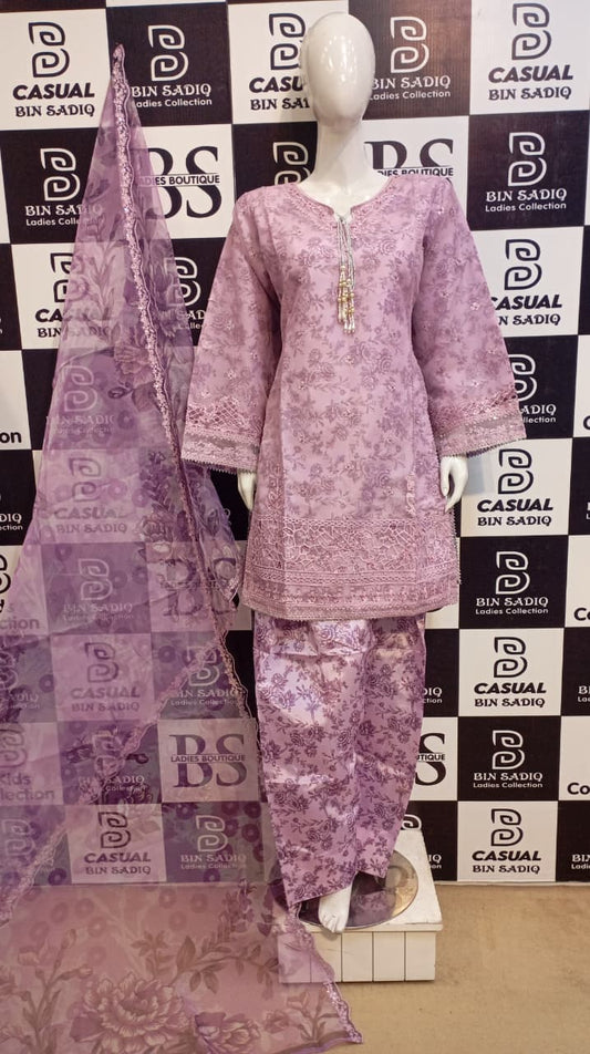 Elegant Purple Embroidered 3-Piece Dress for Women – Stylish Party & Casual Wear Outfit