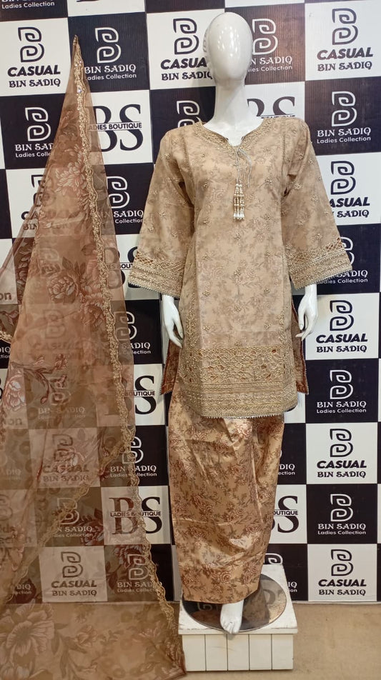 Golden Brown Embroidered 3-Piece Dress for Women – Stylish Formal &amp; Casual Wear Outfit