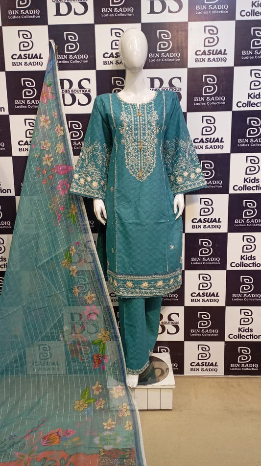 Teal Blue Embroidered 3-Piece Dress for Women – Elegant Party & Casual Wear Outfit