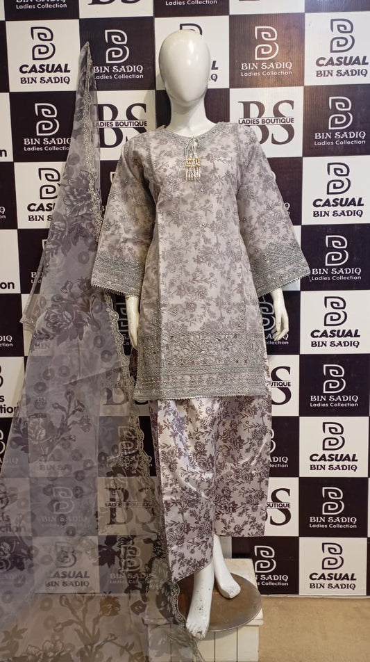 Grey Embroidered 3-Piece Dress for Women – Elegant Formal & Party Wear Outfit