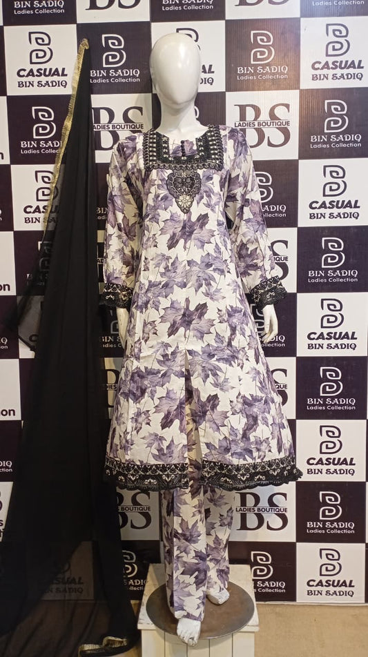 Elegant Printed  Floral Dress with Embroidered Neckline – Stylish Casual  Party Wear