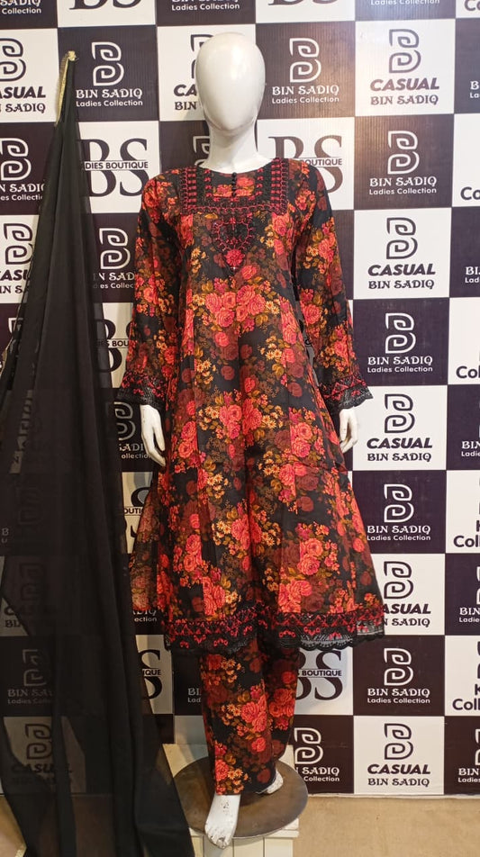 Elegant Printed  Floral Dress with Embroidered Neckline – Stylish Casual &; Party Wear